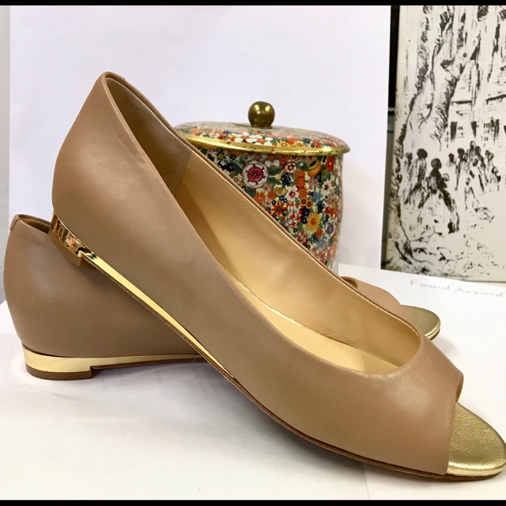 Cole Haan Nude Peep Toe Flats with Gold Heel